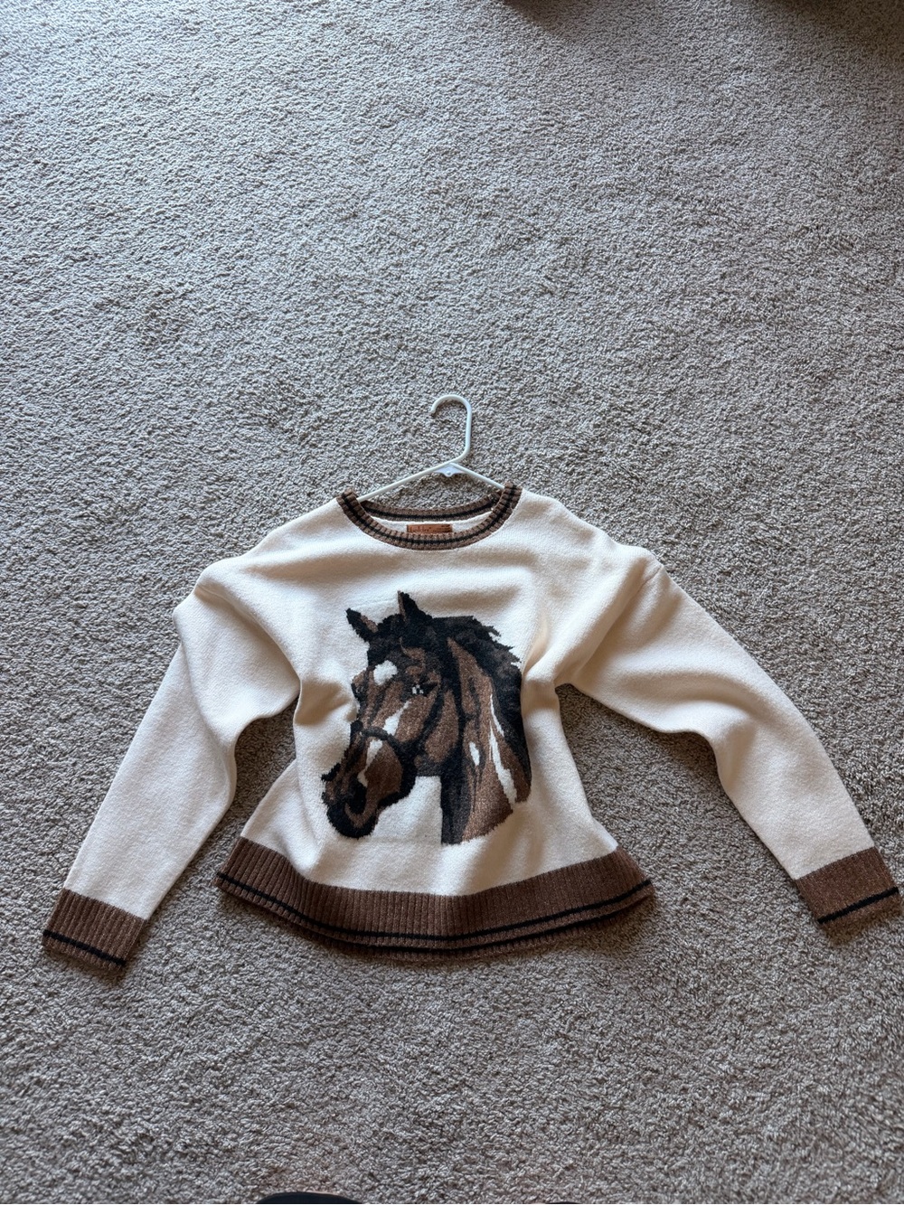 NWOT Belldini Cream Sweater with Brown Horse Graphic